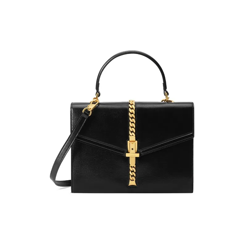 GUCCI Sylvie 1969 Leather Shoulder Bag Crossbody Bag Handbag Small Size Women's Black-0