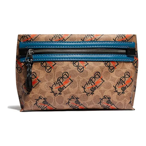 COACH Academy Leather Paneled Canvas Canvas Bag Clutches Medium Size Women's Khaki