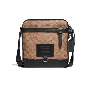 COACH Rivington Monogram Canvas With Leather Shoulder Bag, Crossbody Bag Small Size Men's Khaki Monogram & Black
