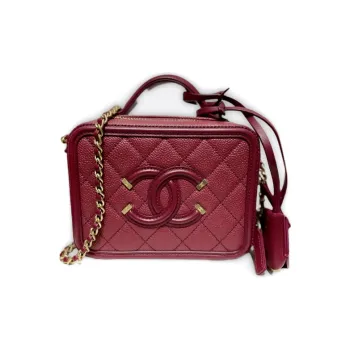 CHANEL Litchi Grain Calfskin Makeup Bag, One Shoulder Handbag, Crossbody Bag Trumpets Women's Dark Red