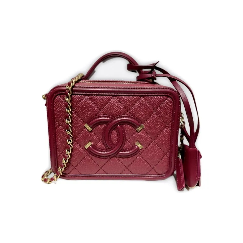 CHANEL Litchi Grain Calfskin Makeup Bag, One Shoulder Handbag, Crossbody Bag Trumpets Women's Dark Red-0