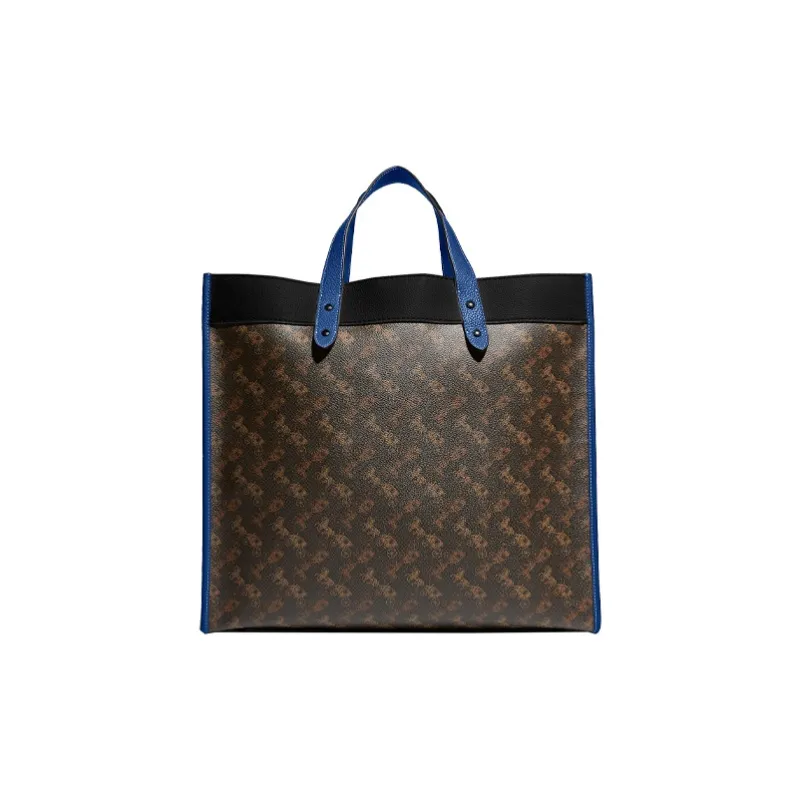 COACH Field Canvas With Leather Tote Bag, Shopping Bag, Handbag, Crossbody Bag Tubas Men's Dark Brown & Blue-2