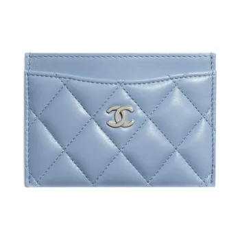 CHANEL Lambskin Card Holder Unisex Sky Blue