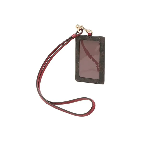 COACH Lanyard Canvas With Leather ID Card Holder Women's Dark Brown With Burgundy-2