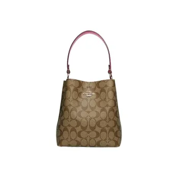 COACH Town Canvas With Leather Bucket Bag Handbag Shoulder Bag Crossbody Bag Small Size Women's Brown/Red