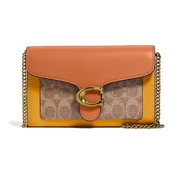 COACH Tabby Leather Crossbody Bag Chain Shoulder Bag Women's Orange With Khaki Monogram