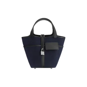 HERMES Canvas With Swift Calfskin Basket Bag Handbag Bucket Bag Unisex Deep Sea Blue & Black