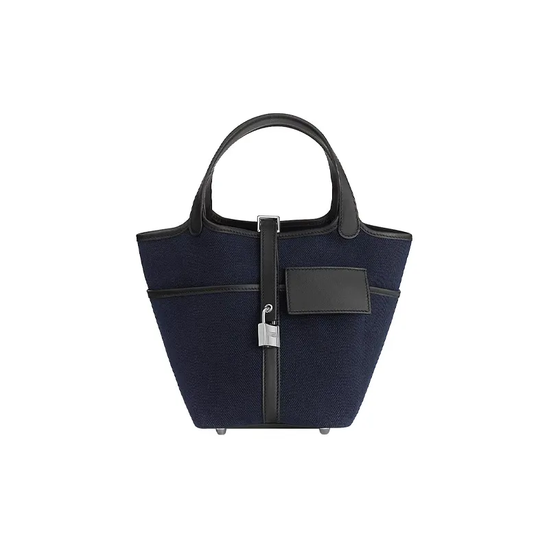HERMES Canvas With Swift Calfskin Basket Bag Handbag Bucket Bag Unisex Deep Sea Blue & Black-0
