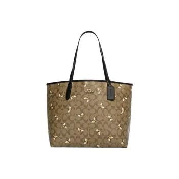 COACH City Canvas With Leather Tote Bag Shopping Bag Handbag Shoulder Bag Women's Khaki Bee Print Patch
