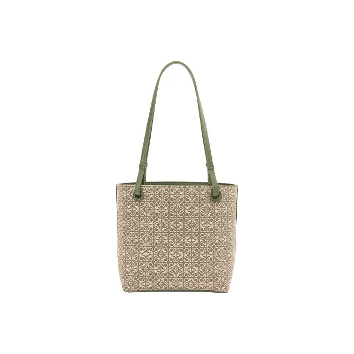 LOEWE Square Basket Canvas With Leather Canvas Bag Tote Bag Shopping Bag Shoulder Bag Handbag Small Size Women's Green-2