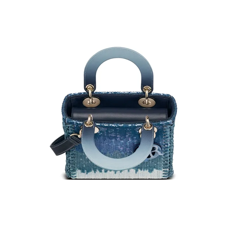 DIOR Lady Dior Embroidery Shoulder Bag Crossbody Bag Handbag Small Size Women's Blue-3