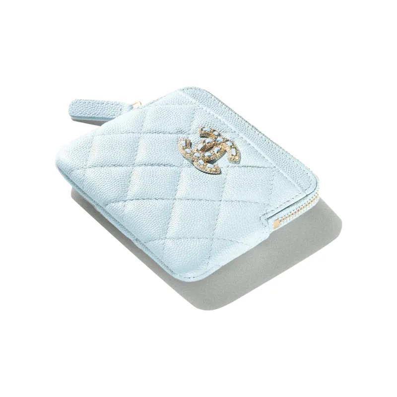 CHANEL Shiny Grain Calfskin Zippers Card Holder Clutch Wallet Women's Blue-2