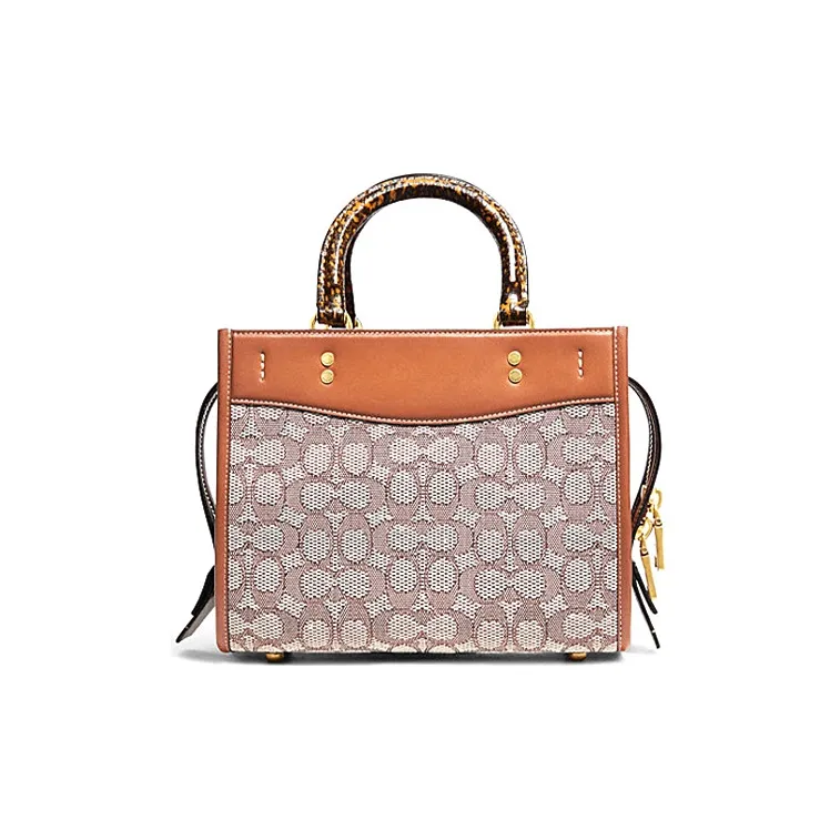 COACH Rogue Jacquard Fabric Snake Skin Detail Shoulder Bag, Crossbody Bag, Handbag Medium Size Women's Khaki Caramel-2