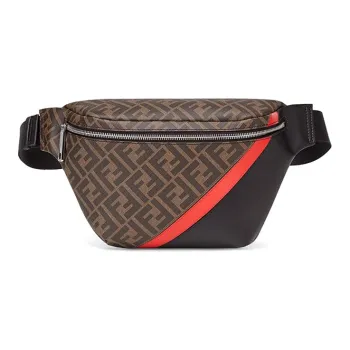 FENDI Cow Leather Canvas With Leather Fanny Pack Sling Bags Men's Brown/Black/Red
