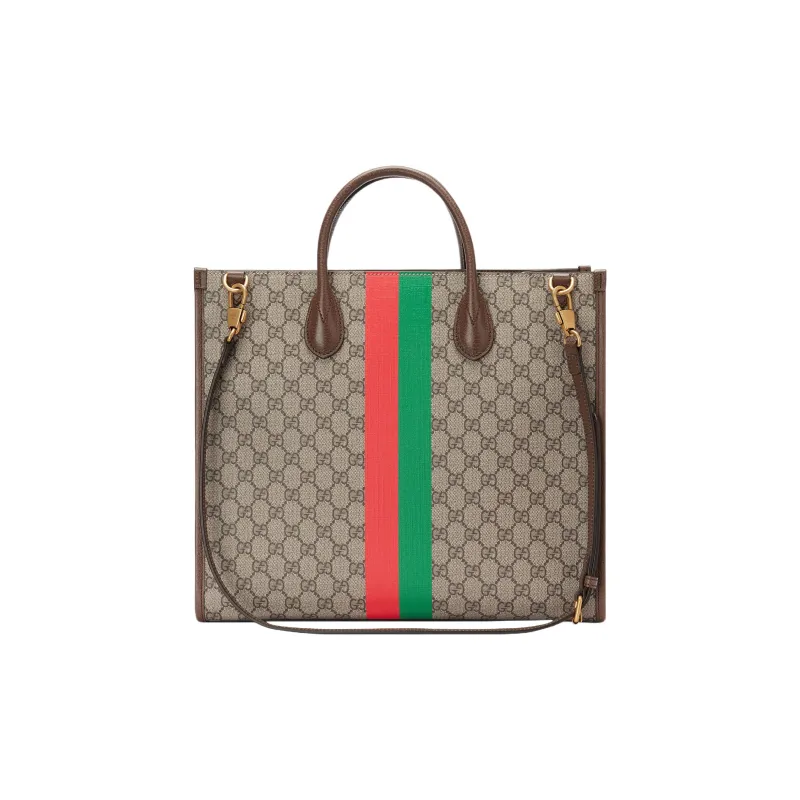 GUCCI Canvas With Leather Tote Bag Shopping Bag Shoulder Bag Crossbody Bag Handbag Unisex Ebony & Red-1