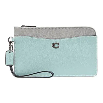 COACH L Zip Leather Clutch Wrist Bag Women's Mint Green & Gray