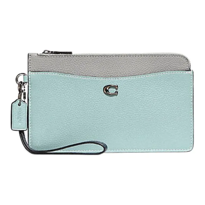 COACH L Zip Leather Clutch Wrist Bag Women's Mint Green & Gray-0