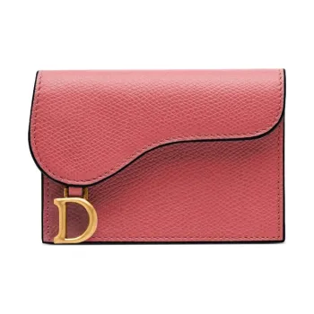 DIOR Saddle Grain Cow Leather Card Holder Women's Gray Pink