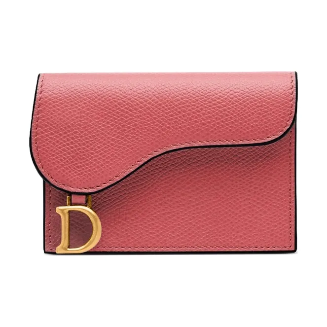 DIOR Saddle Grain Cow Leather Card Holder Women's Gray Pink-0
