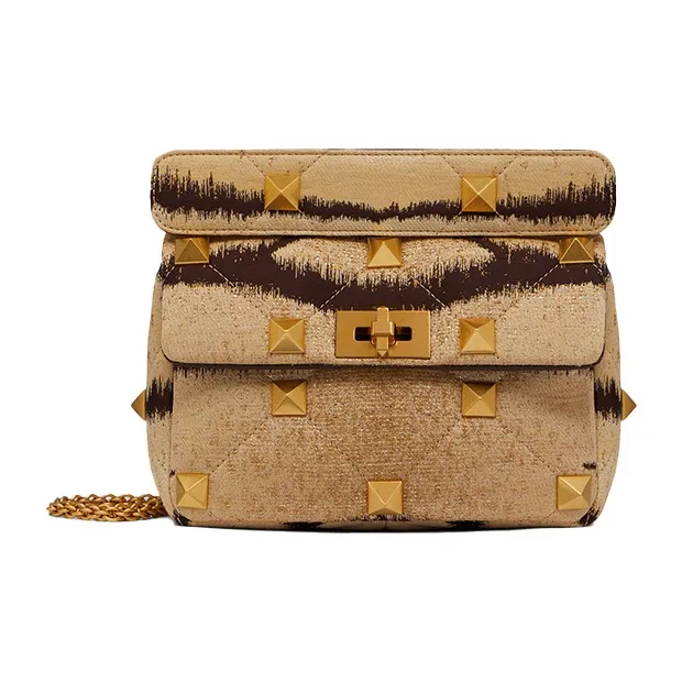 Valentino ROMAN STUDTiger 1967 Jacquard Leather Handbag Shoulder Bag Crossbody Bag Medium Size Women's Brown-0