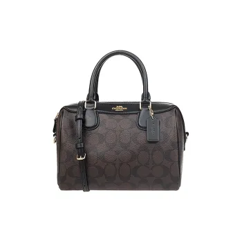 COACH Canvas With Leather Boston Bag, Handbag, Shoulder Bag, Crossbody Bag Trumpets Women's Dark Brown