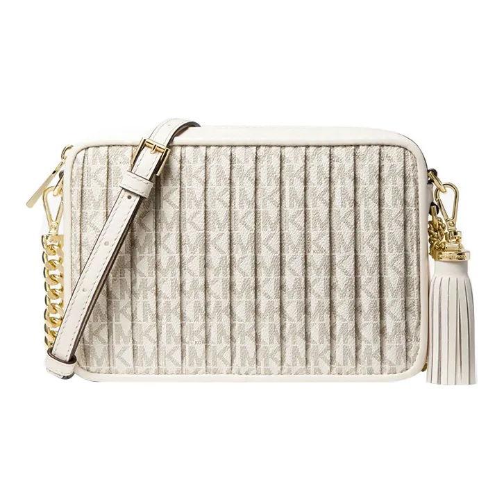 MICHAEL KORS Jet Set Charm Coated Canvas MK Shoulder Bag, Crossbody Bag Medium Size Women's Vanilla White With Cream-0