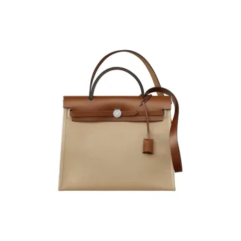 HERMES Herbag Zip Canvas With Hunter Cow Leather Handbag Shoulder Bag Crossbody Bag Regular Unisex Tawny