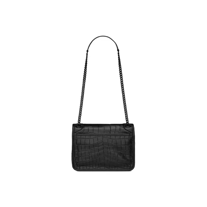 SAINT LAURENT Niki Crocodile Pattern Embossed Leather Hobo Bag Crossbody Bag Shoulder Bag Women's Black-3