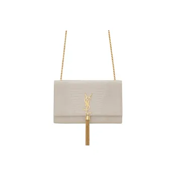 SAINT LAURENT KATE Crocodile Pattern Embossed Shiny Leather Fringe Shoulder Bag Crossbody Bag Medium Size Women's White