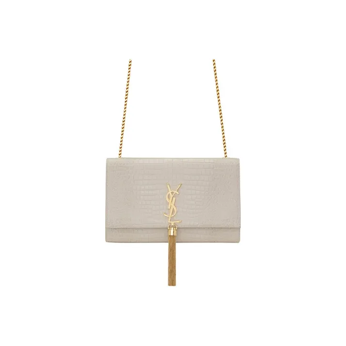 SAINT LAURENT KATE Crocodile Pattern Embossed Shiny Leather Fringe Shoulder Bag Crossbody Bag Medium Size Women's White-0