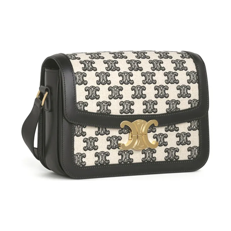 CELINE Triomphe Embroidered Fabric And Cow Leather Handbag Shoulder Bags Medium Size Women's Black & White-1