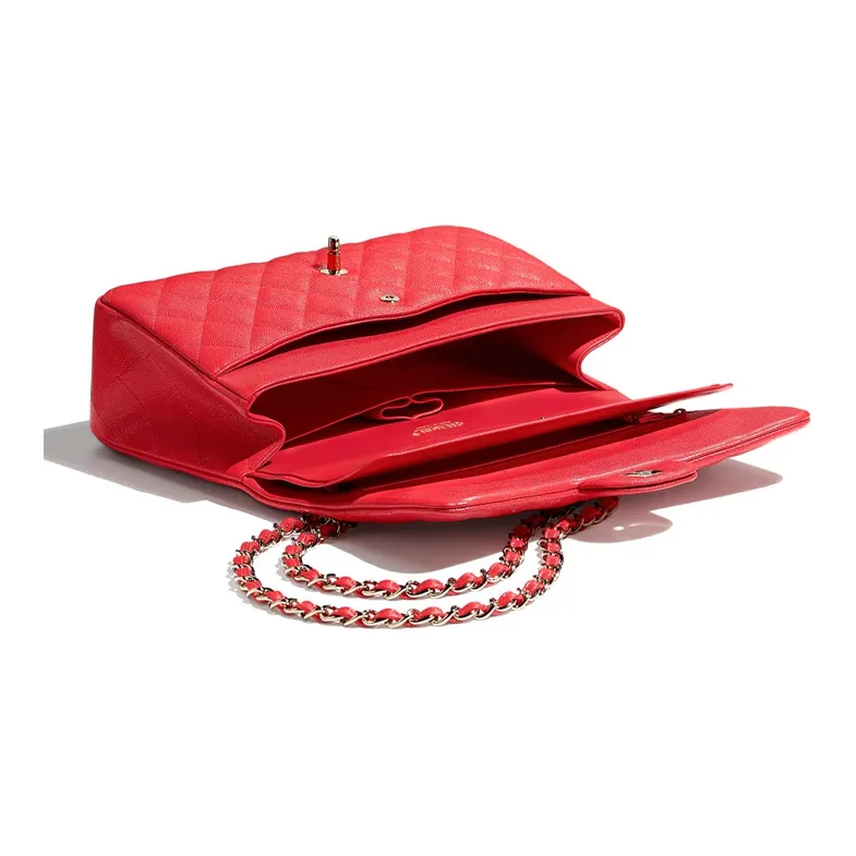 CHANEL Classic Flap CF Grain Calfskin Shoulder Bag, Crossbody Bag Tubas Women's Red-2