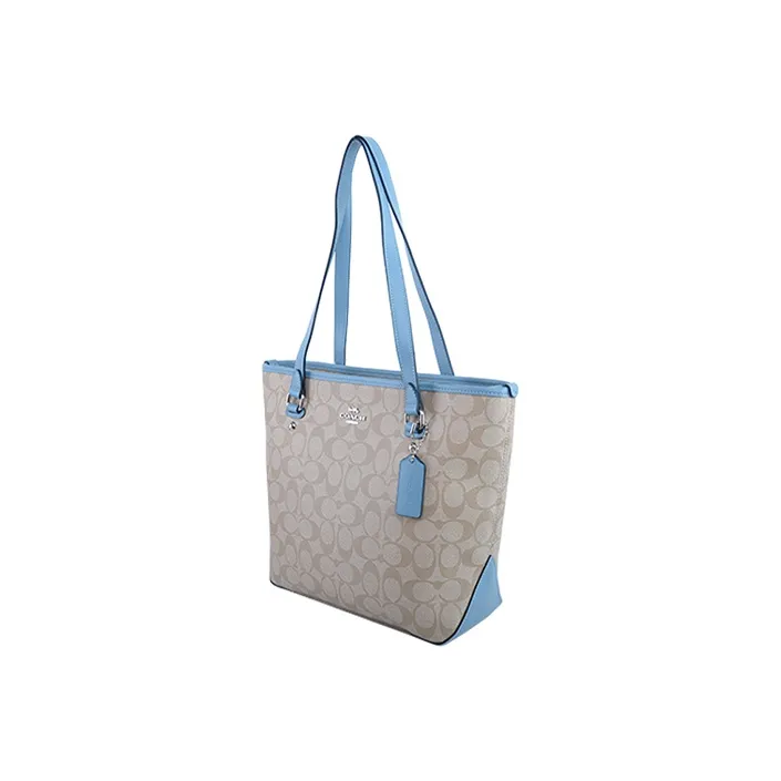 COACH Zip Top Tote Canvas With Leather Shoulder Bag Large Size Women's Light Khaki With Light Blue Accents-1