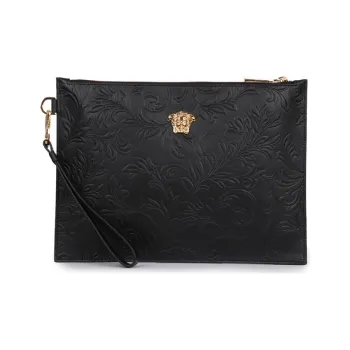VERSACE Cow Leather Coin Purse Commute Clutch Large Size Men's Black