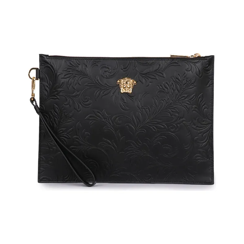 VERSACE Cow Leather Coin Purse Commute Clutch Large Size Men's Black-0