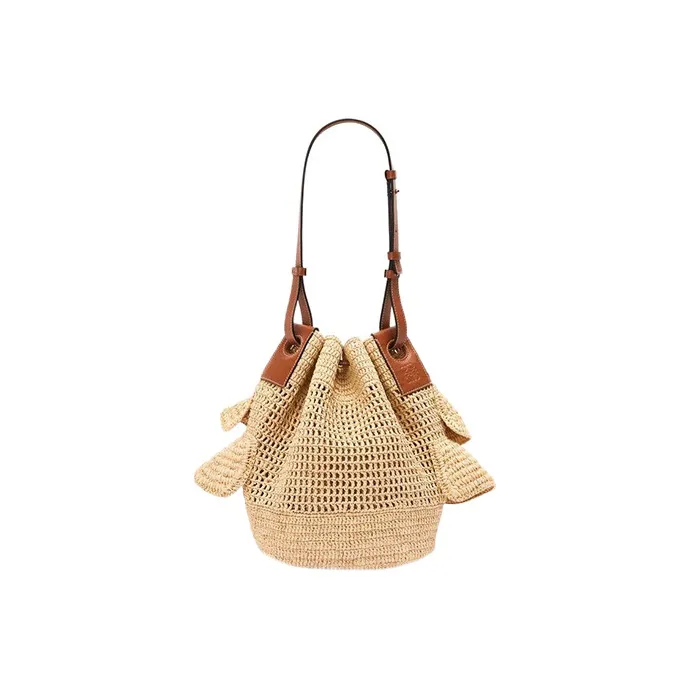 LOEWE Balloon Raffia Fiber Combined With Cow Leather Pleated Portable Crossbody Bag Shoulder Bag Women's Brown-3