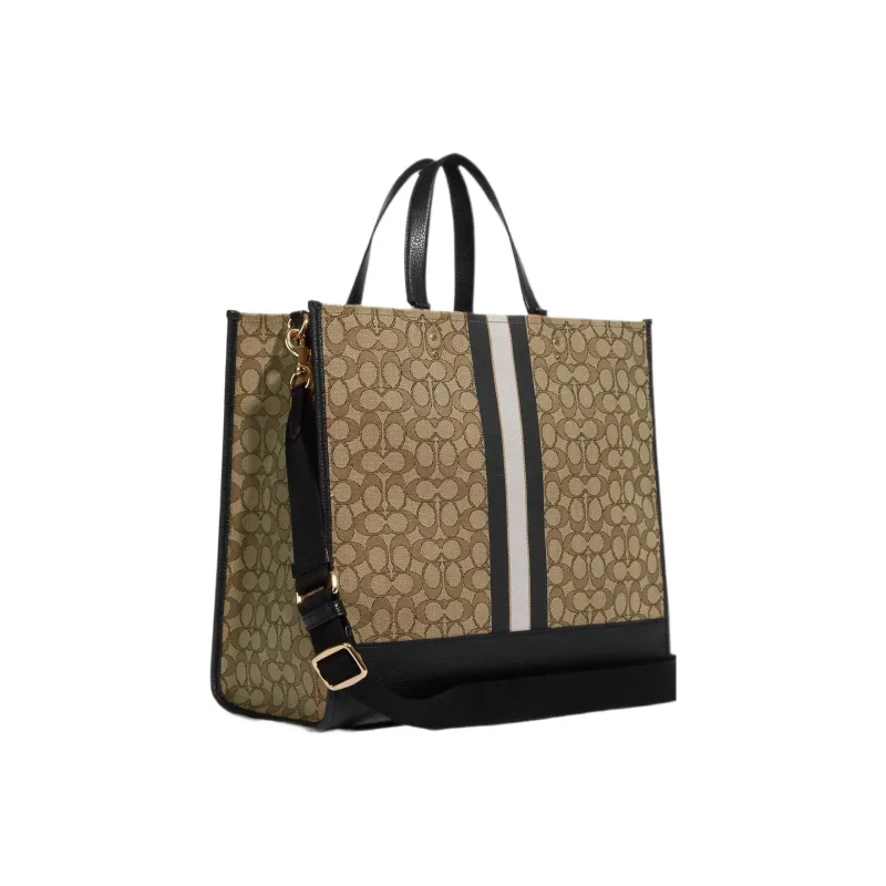 COACH Dempsey Canvas With Leather Tote Bag Handbag Crossbody Bag Large Size Women's Khaki & Black-1