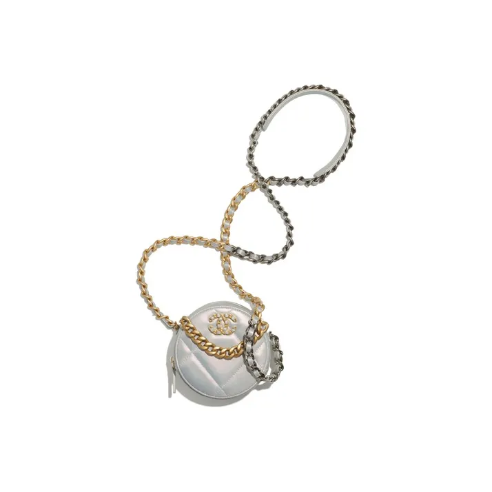 CHANEL 19Bag Calfskin Evening Bag, Round Bag, Chain Bag, Shoulder Bag, Crossbody Bag Women's White-1