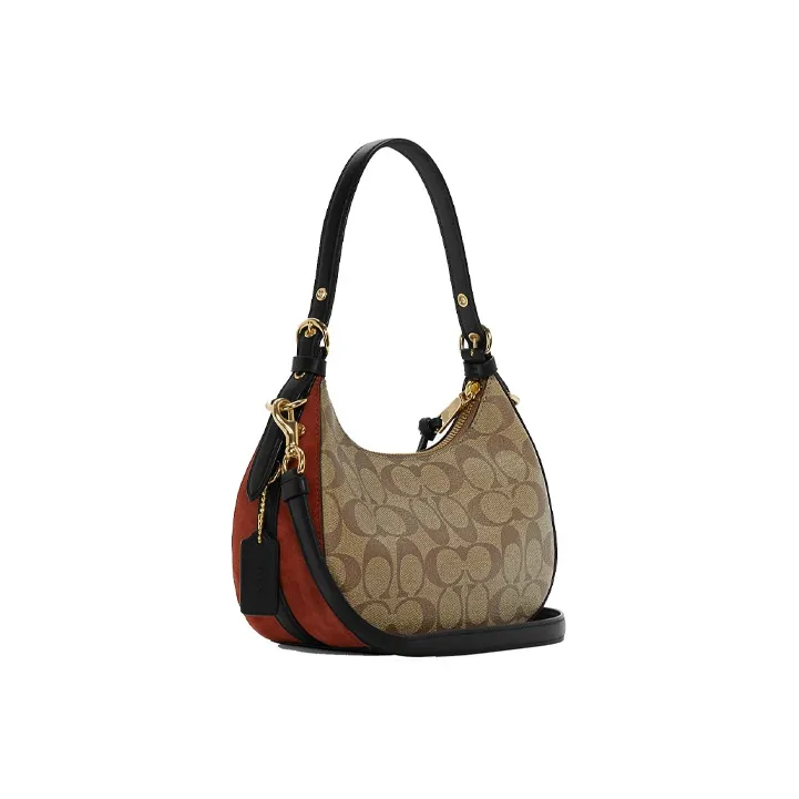 COACH Kleo Canvas With Leather And Suede Shoulder Bag Portable Crossbody Bag Shoulder Bag Women's Khaki/Brick Red-1