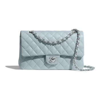 CHANEL 21K Winter Classic Flap CF Calfskin Flap Bag Shoulder Bag Crossbody Bag Handbag Medium Size Women's Light Blue