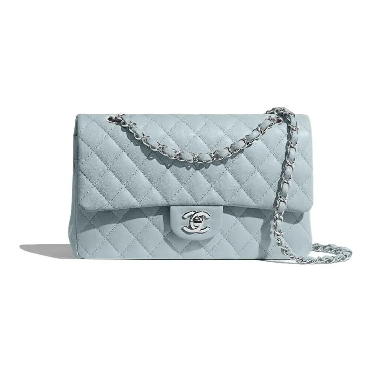 CHANEL 21K Winter Classic Flap CF Calfskin Flap Bag, One Shoulder Handbag, Crossbody Bag Medium Size Women's Light Blue-0
