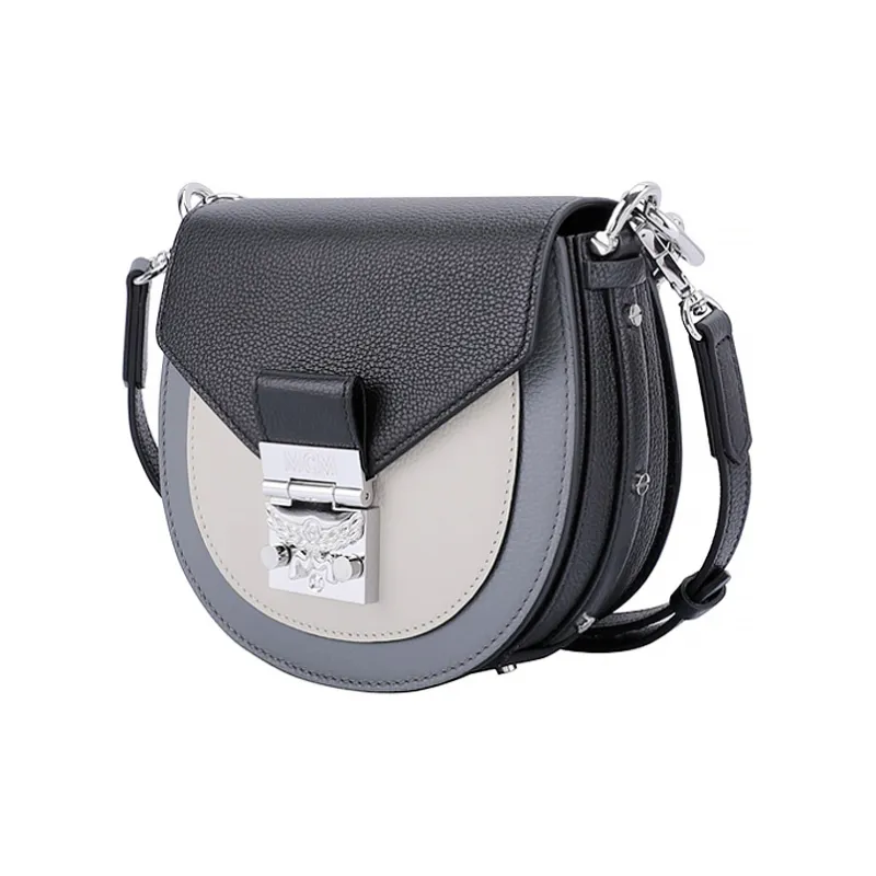 MCM Patricia Visetos Artificial Leather Saddle Bag Handbag, Shoulder Bag, Crossbody Bag Mini Women's Black Gray-2
