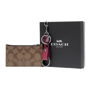 COACH Boxed Canvas With Leather Card Wallet With Keychain Box Women's Dark Brown & Red