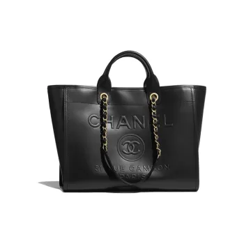 CHANEL Black Cow Leather Shopping Bag, Tote, One Shoulder Handbag Tubas Women's Black