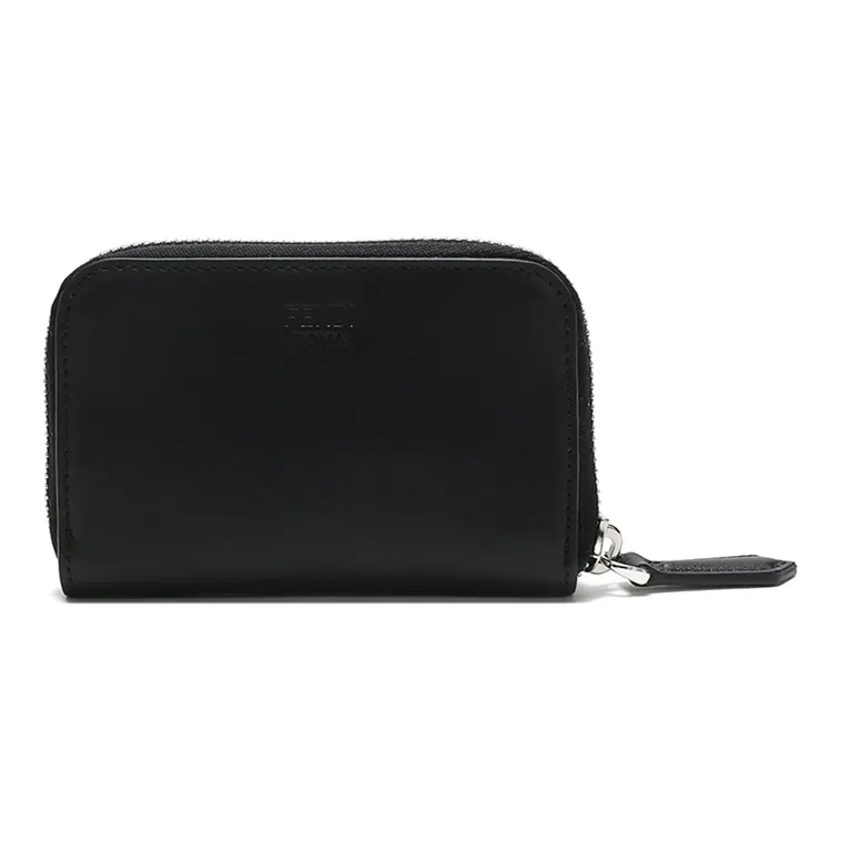 FENDI Calfskin Zipper Coin Purses Men's Black/Yellow-4