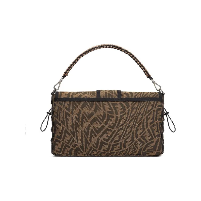FENDI Baguette Canvas With Leather Baguette Bag Handbag Shoulder Bag Crossbody Bag Large Size Men's Brown-4