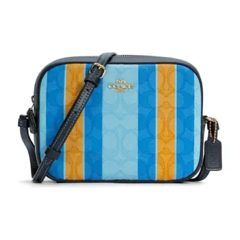 COACH Camera Jacquard Fabric With Split Cow Leather Camera Bag Shoulder Bag Crossbody Bag Mini Women's Blue Yellow Mix