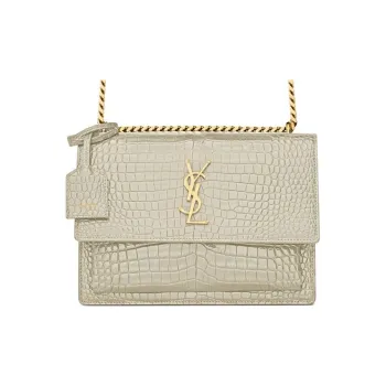 SAINT LAURENT SUNSET Crocodile Embossed Bright Leather Sunset Bag, Crossbody Bag, Shoulder Bag Women's Vintage White