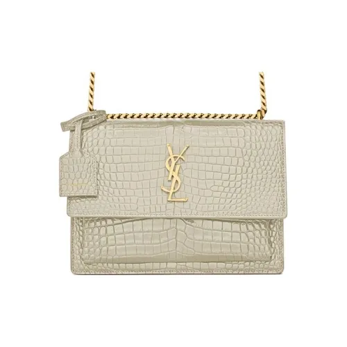SAINT LAURENT SUNSET Crocodile Embossed Bright Leather Sunset Bag, Crossbody Bag, Shoulder Bag Women's Vintage White
