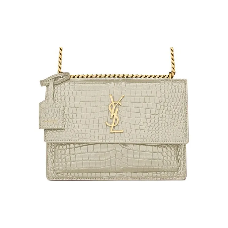SAINT LAURENT SUNSET Crocodile Embossed Bright Leather Sunset Bag, Crossbody Bag, Shoulder Bag Women's Vintage White-0